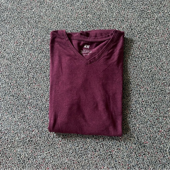 H&M Maroon Slim Fit Short-Sleeve V-Neck Lightweight Cotton T-Shirt Casual Top L - Picture 6 of 16